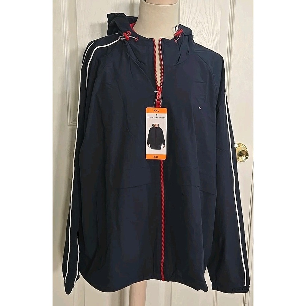 Tommy Hilfiger Womens Windbreaker Jacket 2XL Navy Blue Full Zipper NEW
